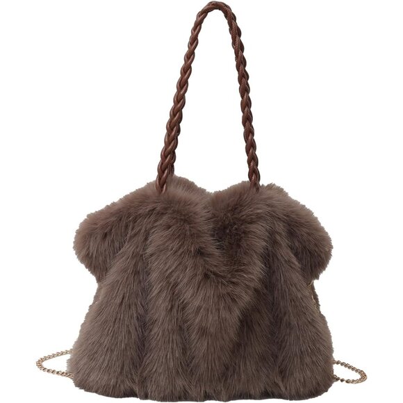 Handbags - Women Winter Fuzzy Faux Fur Tote Bag Crossbody Coffee
